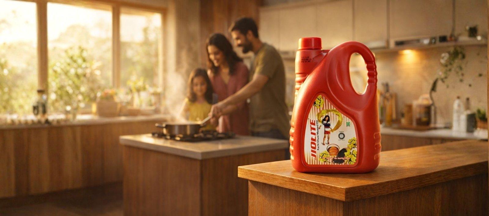 A family cooking together in a warm kitchen with a 5L jerrycan of Jiolite Kachi Ghani Mustard Oil on the counter